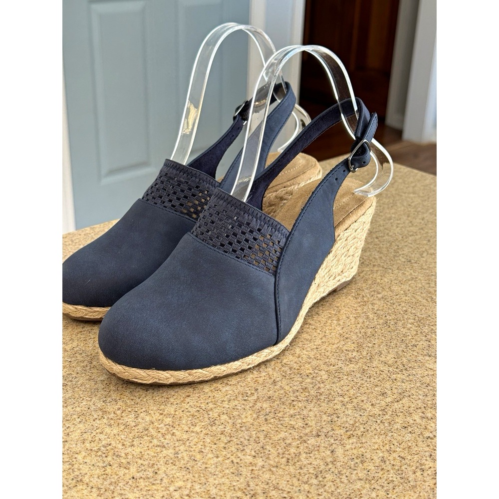 Easy Street Navy Blue Espadrille Wedge Slingback Sandals Buckle Women's 7.5M